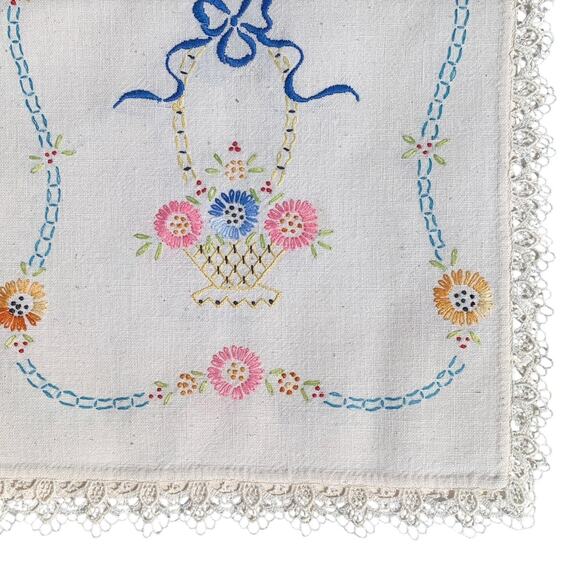 Vintage 40" x 12" Hand-Stitched Tablecloth Runner Flower Basket w/Crochet Trim - Picture 7 of 7